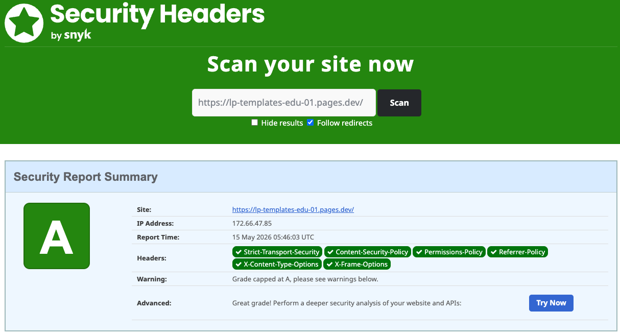 SecurityHeaders.com Grade A: semua header keamanan utama terpasang
