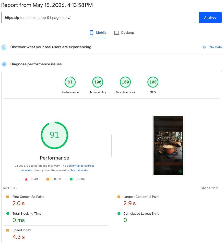 PageSpeed Insights 98/100. Performance, Aksesibilitas, Best Practices, SEO.